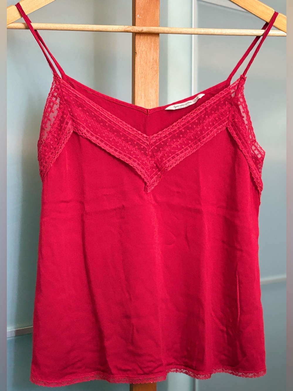 Stradivarius Red Satin Lace Cami Top V-Neck Strappy Camisole Size XS